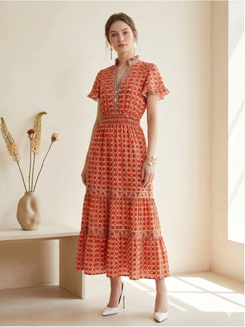 Max Studio London Maxi Dress XS Orange Poppy Floral Tiered Ruffle Smocked Boho